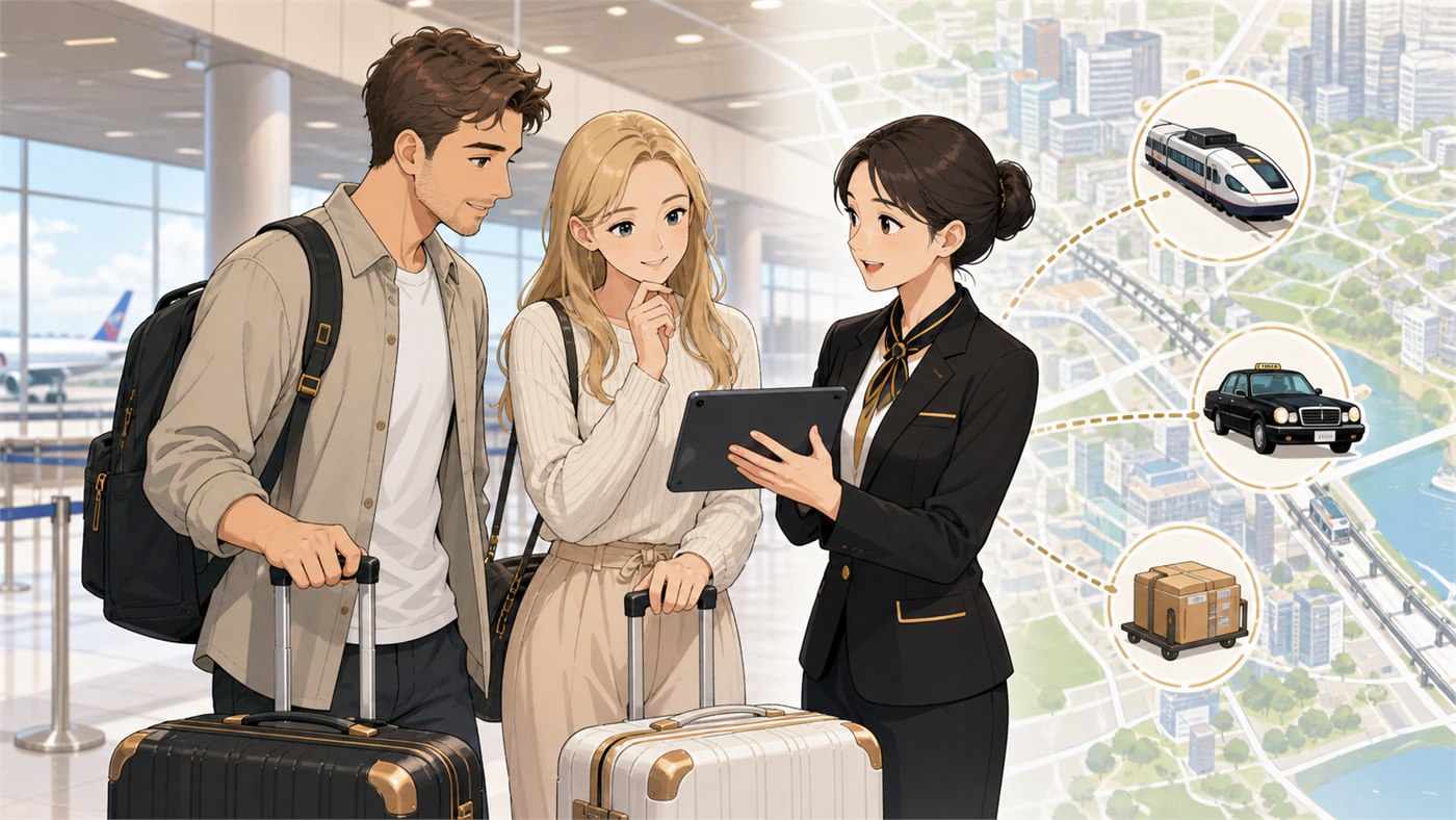 Foreign travelers with suitcases comparing Narita Airport to Ueno transport options with a support coordinator